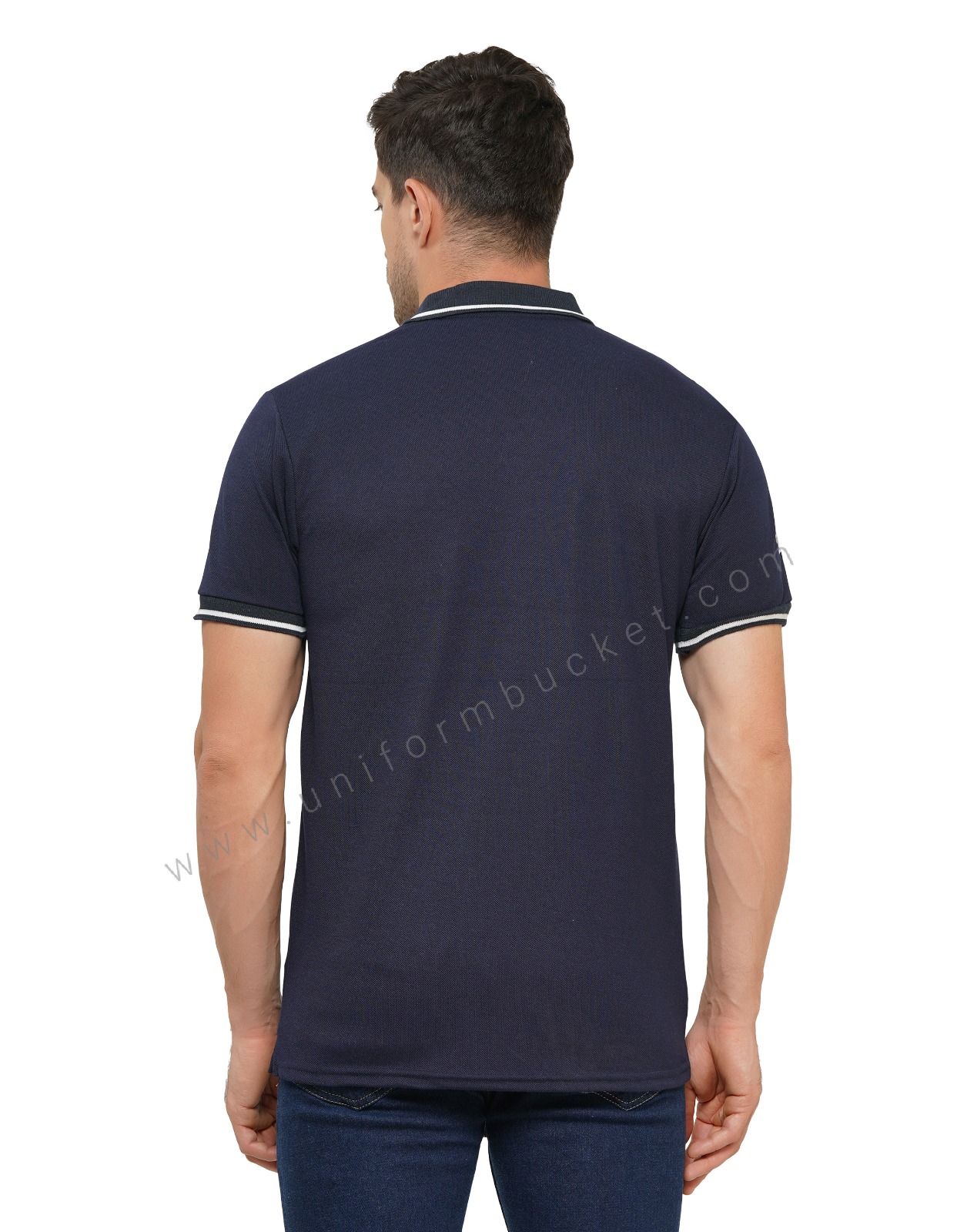 NAVY BLUE T-SHIRT WITH COLLAR & SLEEVE WHITE TIPPING view 5